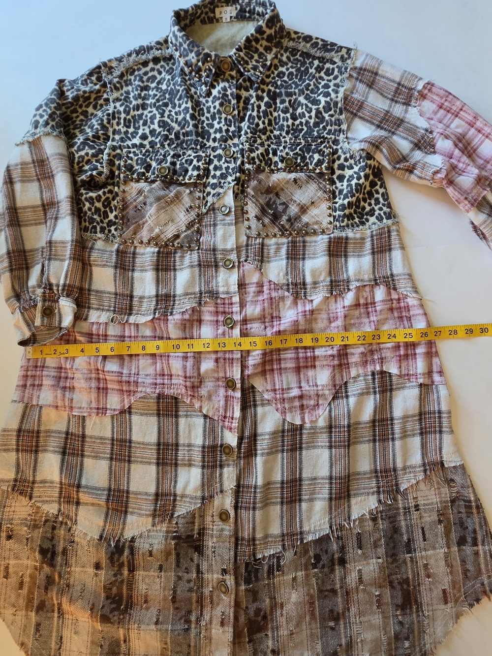 POL Mixed Media Plaid Leopard Duster Shacket Paisley Plant Patchwork Boho Jacket - Picture 6 of 12